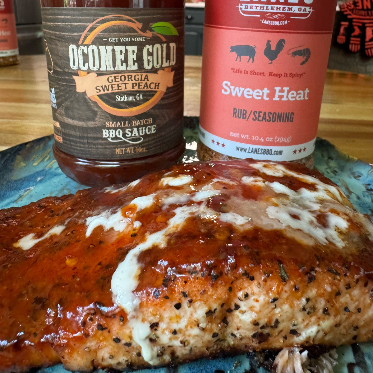 Grilled sweet and spicy salmon with a peach glaze