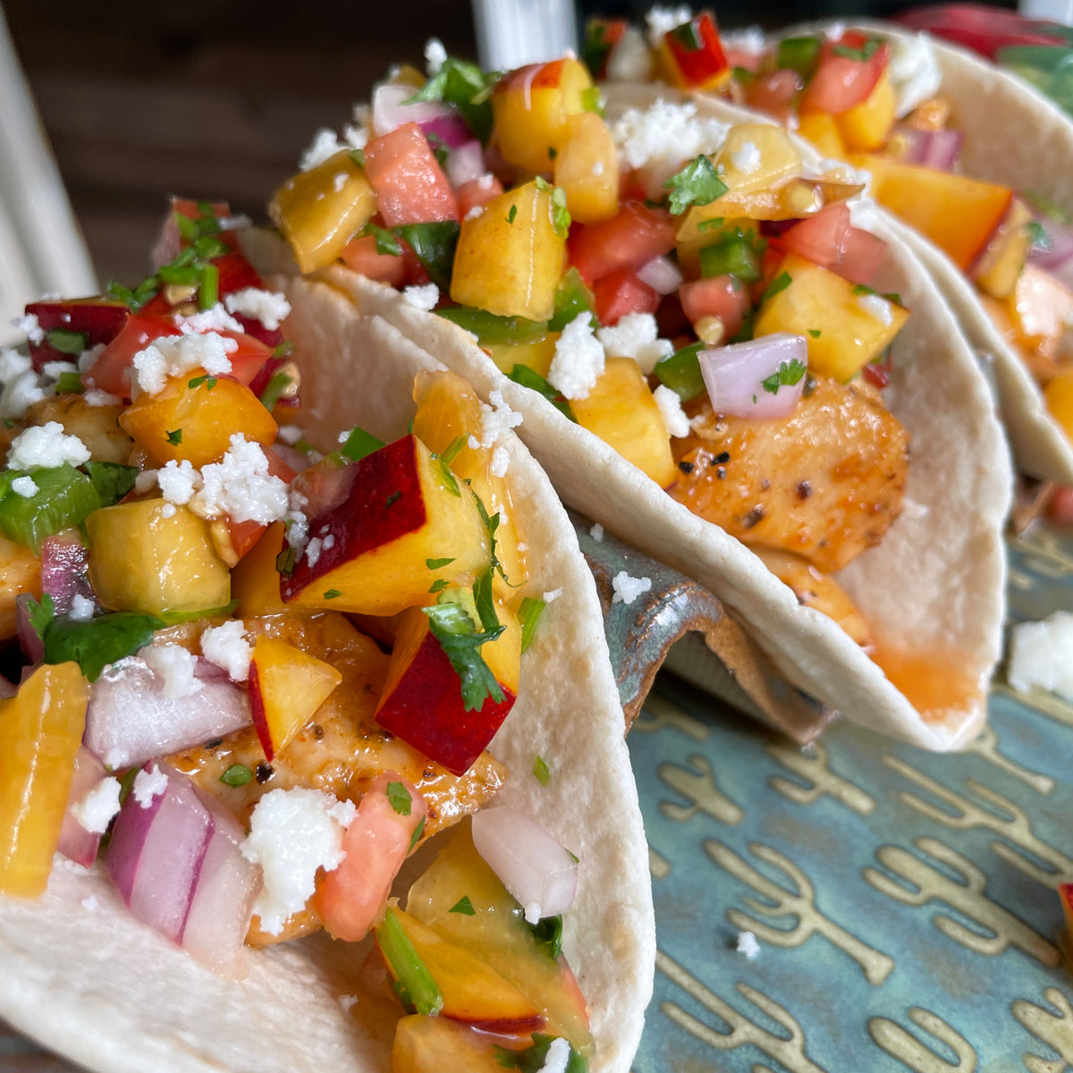Hot Honey Chicken Tacos with Peach Salsa