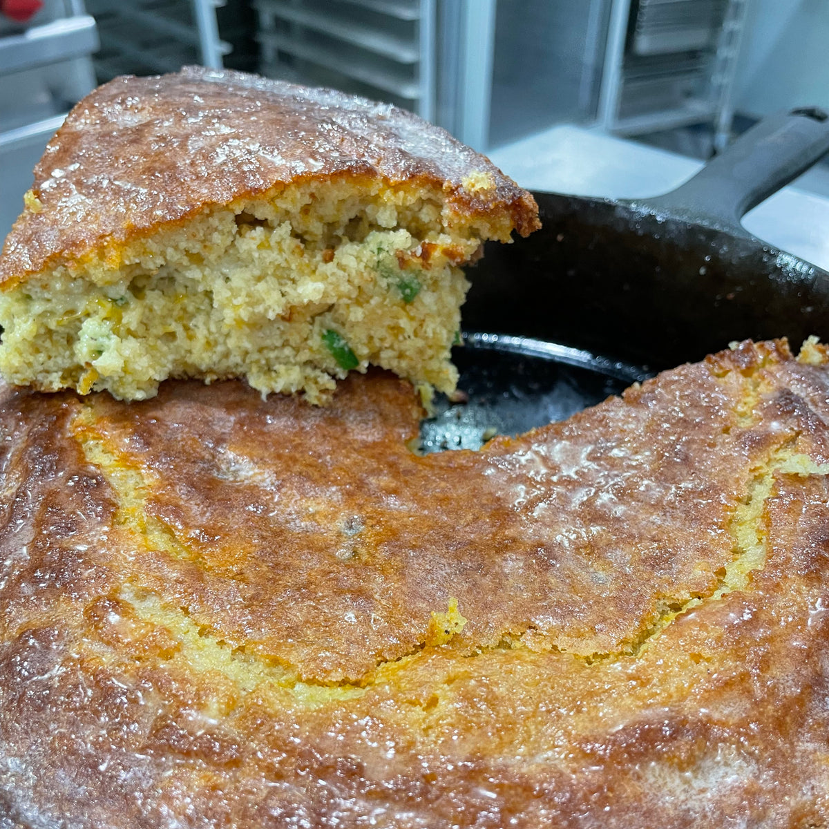Cornbread slice on skillet