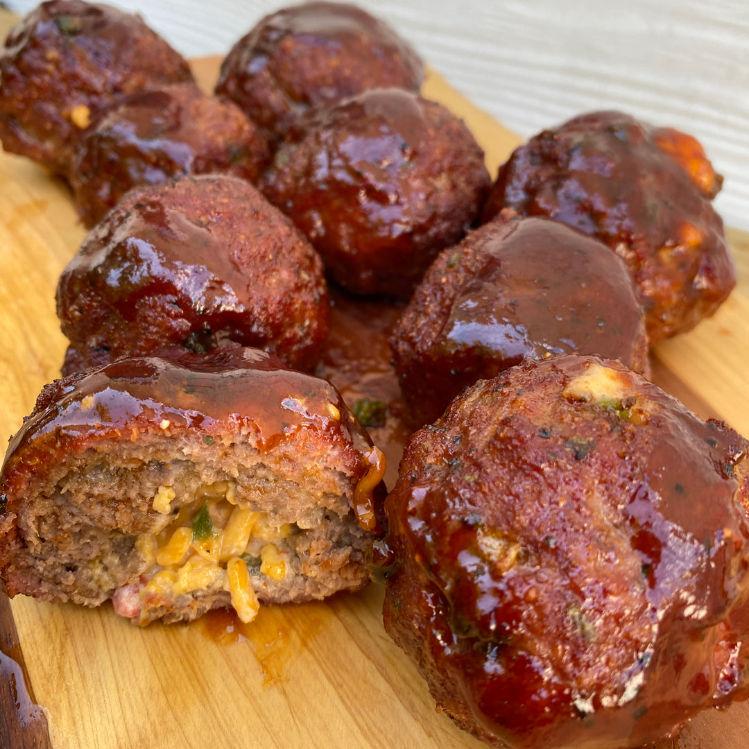 Pimento Cheese Stuffed Sweet Smoked Meatballs
