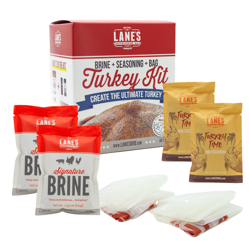 LANE'S Turkey Kit with brine, seasoning, and bag components on a white background