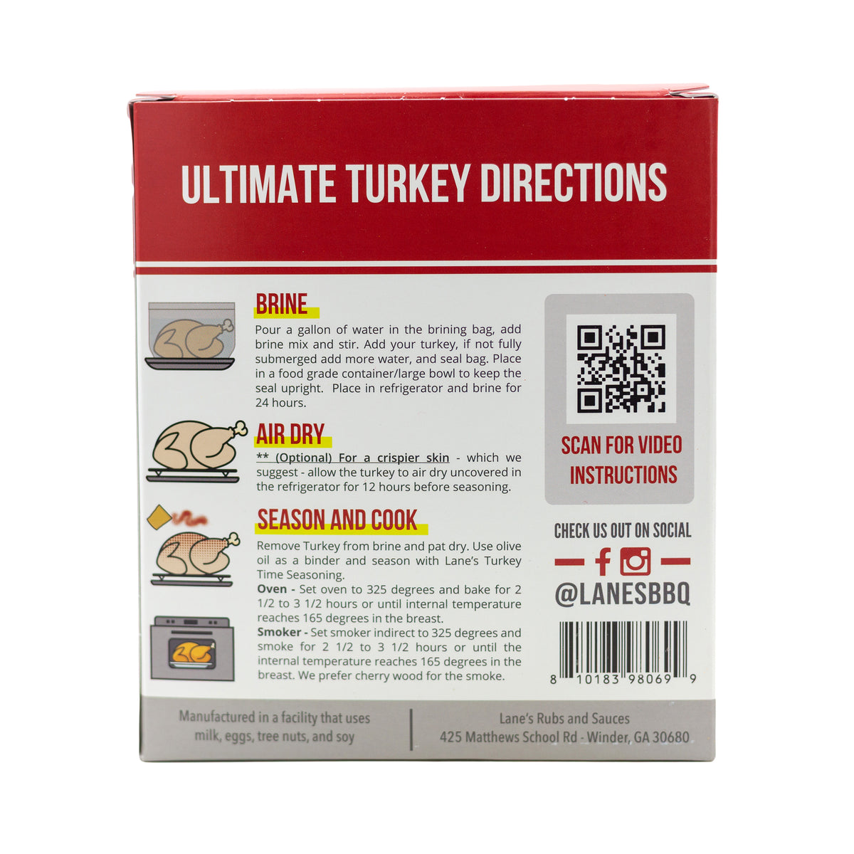Box with 'Ultimate Turkey Directions' and QR code for video instructions on a white background